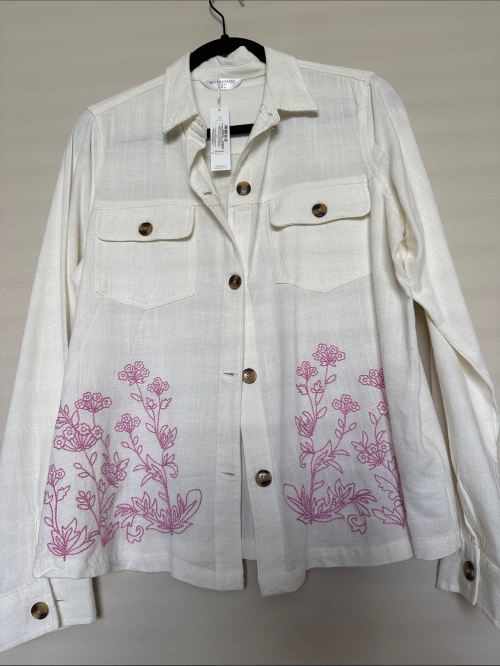 Accessorize Cream Button-Up Jacket with Pink Floral Embroidery
